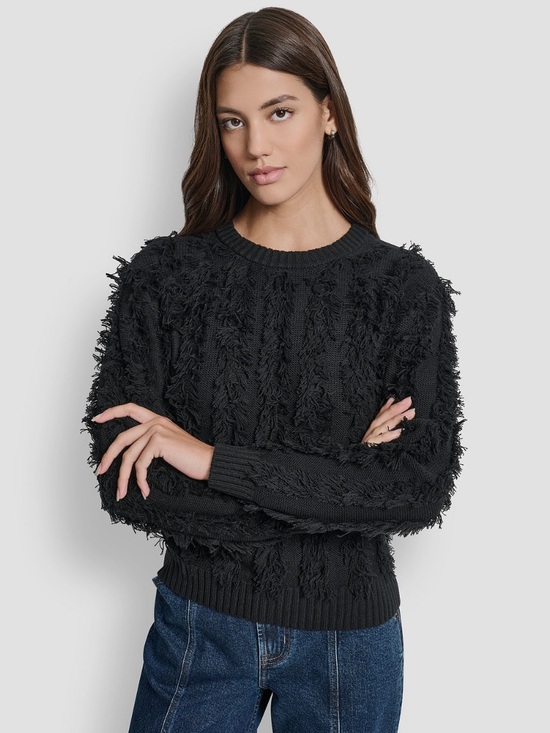 Dkny Sweaters - DKNY Petite Black Fringe Crewneck Sweater Edgy Modern Trendy NWT